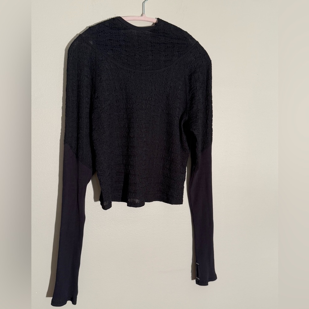 FP Movement Black Long-Sleeve Stretchy Women's Top Open Back with Hood